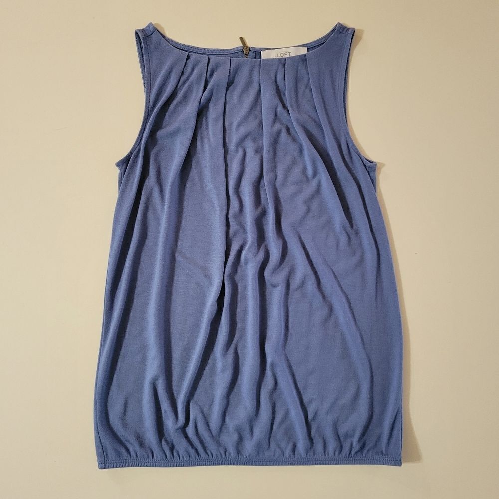 LOFT Women's Blue Pleated Neck Tank Top Zip Back